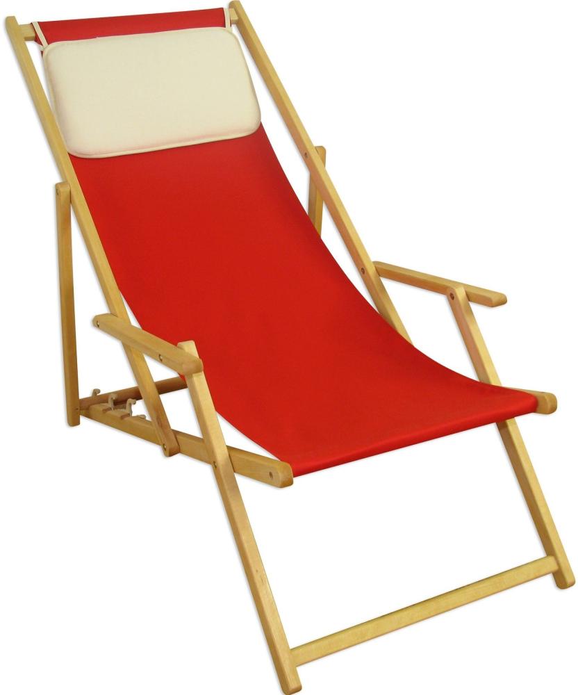 Gartenliege rot Liegestuhl Sonnenliege Kissen Deckchair Buche Natur Strandstuhl 10-308 N KH Bild 1