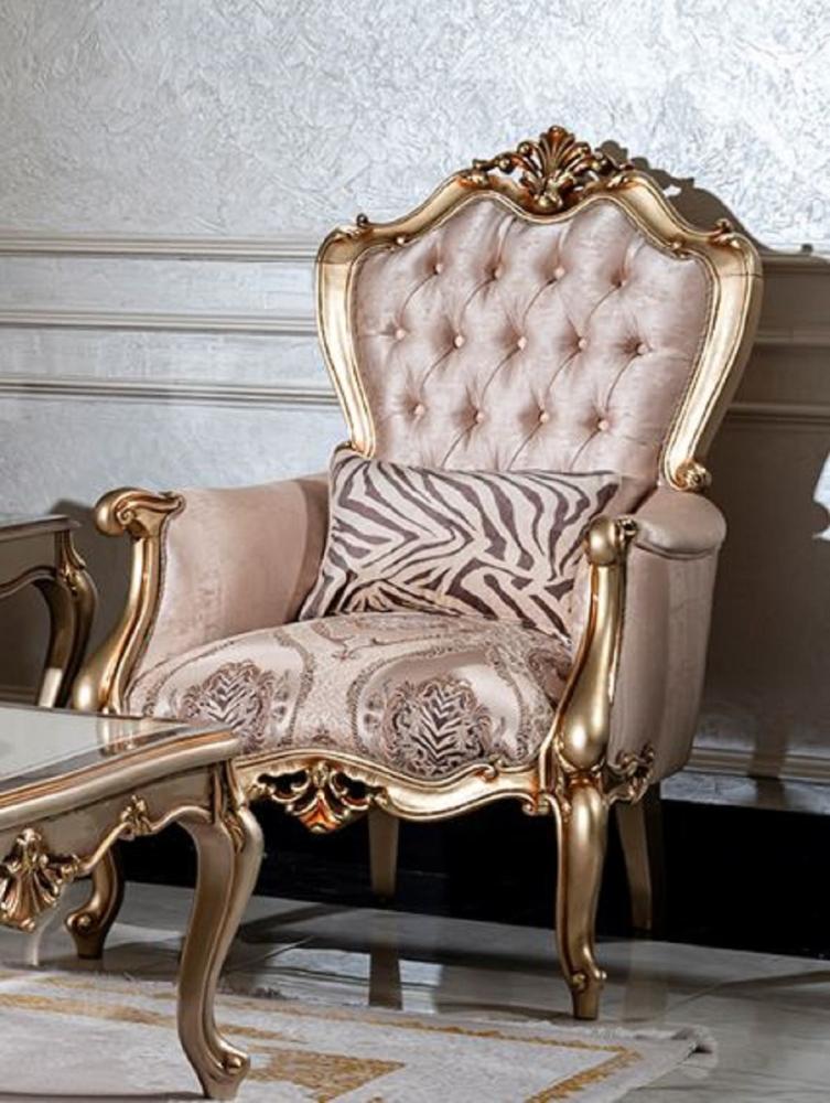 Casa Padrino Luxus Barock Sessel Rosa / Schwarz / Gold - Eleganter Wohnzimmer Sessel mit Muster und dekorativem Kissen - Barock Wohnzimmer Möbel Bild 1
