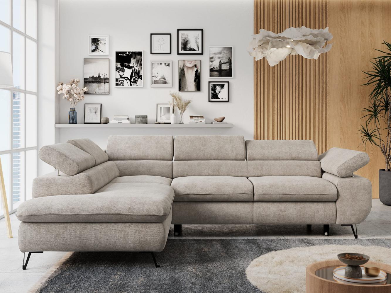 Ecksofa mit Bettfunktion, Modern Sofa, L-form, Einstellbare Kopfstützen, Bettkasten - PETER - Beige Stoff - links Bild 1