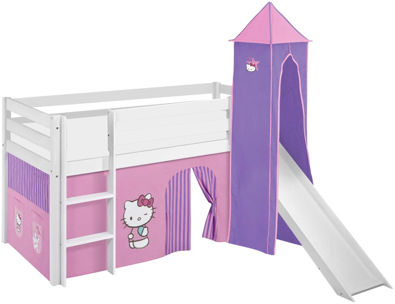 Lilokids 'Jelle' Spielbett 90 x 200 cm, Hello Kitty Lila, Kiefer massiv, mit Turm, Rutsche und Vorhang Bild 1