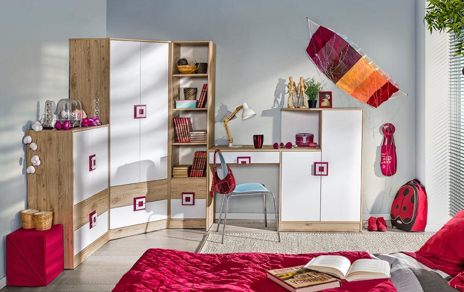 Jugendzimmer-Set "Nico" Kleiderschrank Schreibtisch eiche hell weiß - pink Bild 1