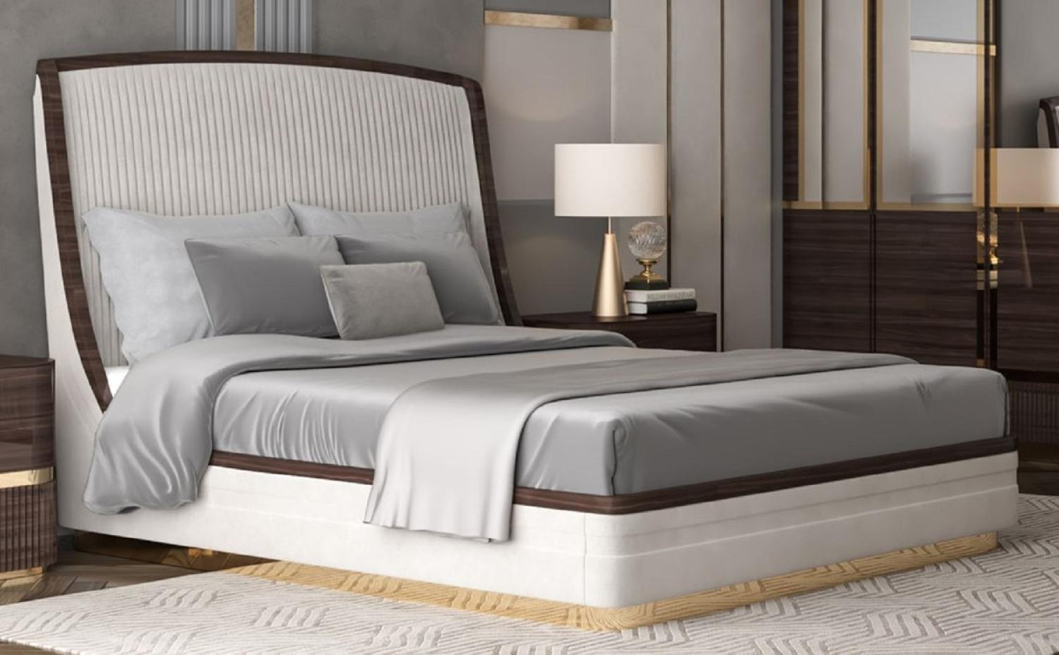 Casa Padrino Luxus Doppelbett Weiß / Dunkelbraun / Gold - Edles Massivholz Bett mit Kopfteil - Schlafzimmer Möbel - Hotel Möbel - Luxus Möbel - Schlafzimmer Einrichtung - Luxus Einrichtung Bild 1
