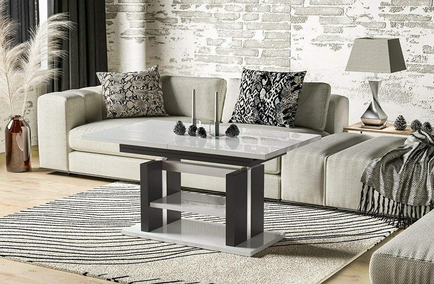 Endo-Möbel Couchtisch Dior 110cm erweiterbar auf 170cm höhenverstellbar Doppellift modern Tisch (Weiss Hochglanz) Bild 1