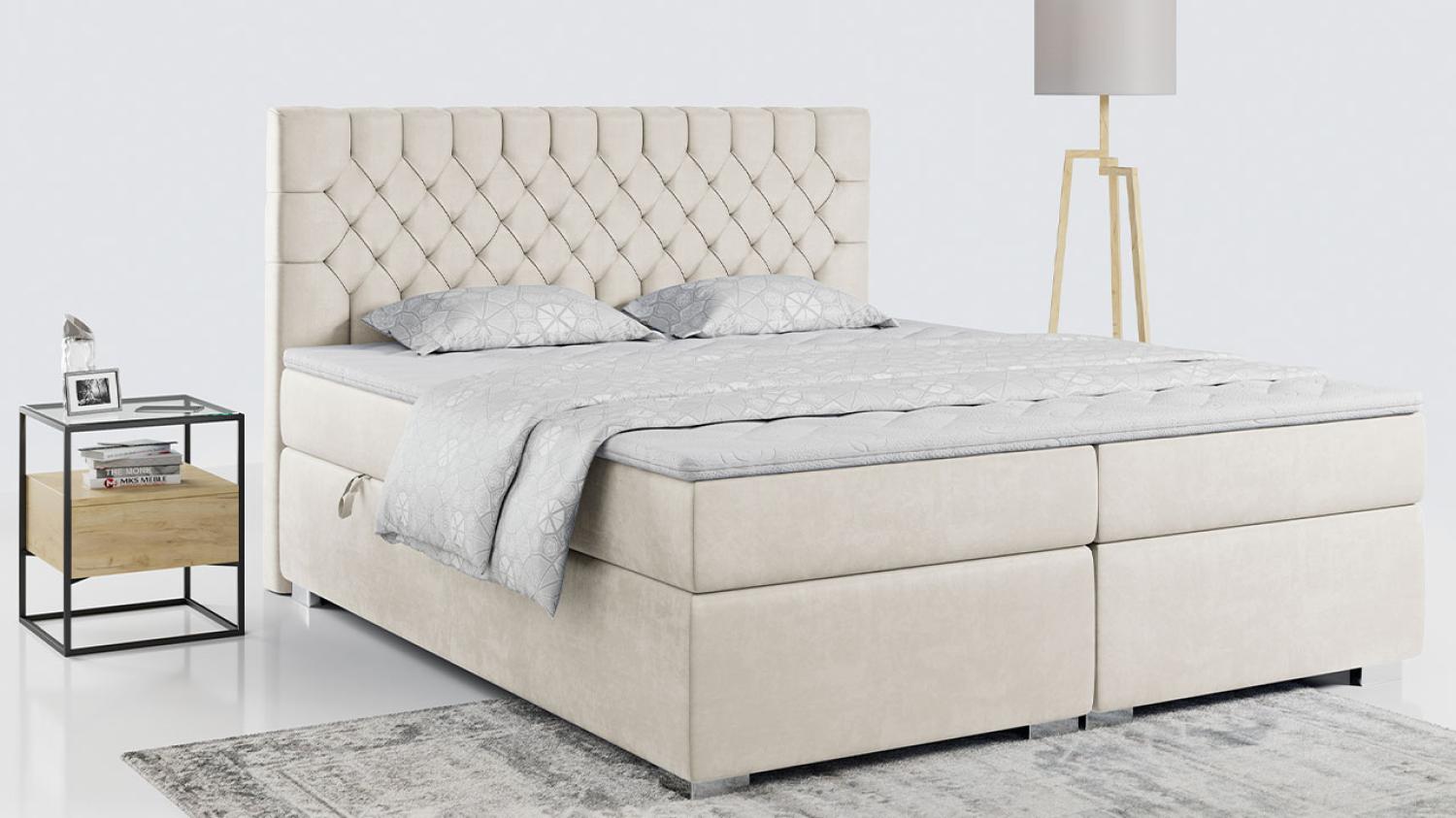 Boxspringbett mit 2 Bettkästen, Matratze und Topper - PERA - 160x200cm - Beige Velours - H3 Bild 1