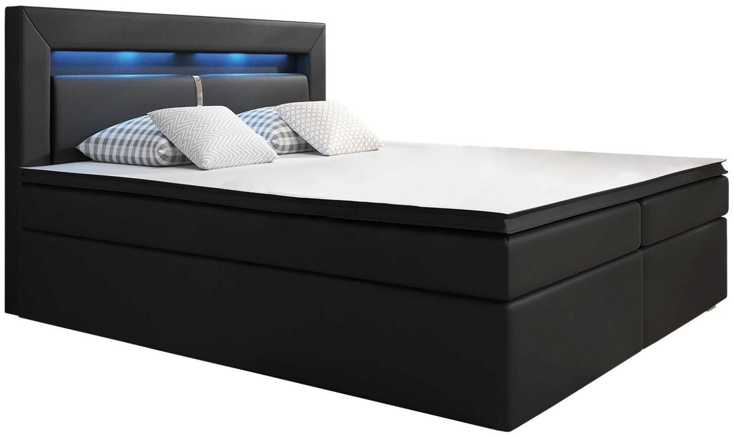 Juskys Boxspringbett New Jersey 140 x 200 cm mit Bettkästen, LED Beleuchtung, Bonell-Matratzen, Topper & Kunstleder - schwarz – Bett Doppelbett Bild 1