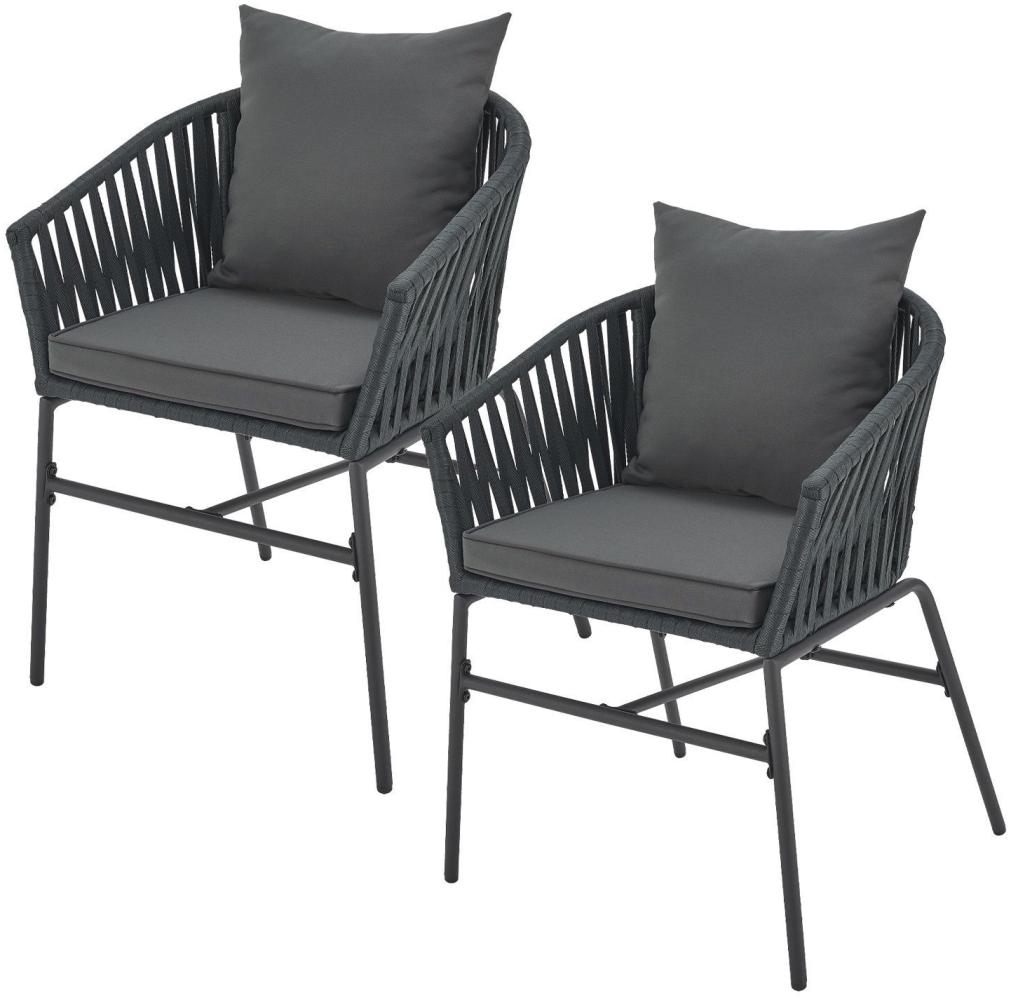 Juskys Rope Stühle 2er Set - Gartenstühle mit Seilgeflecht & Polster - wetterfester & bis 160 kg belastbar - Stahl mit Pulverbeschichtung - Dunkelgrau Bild 1