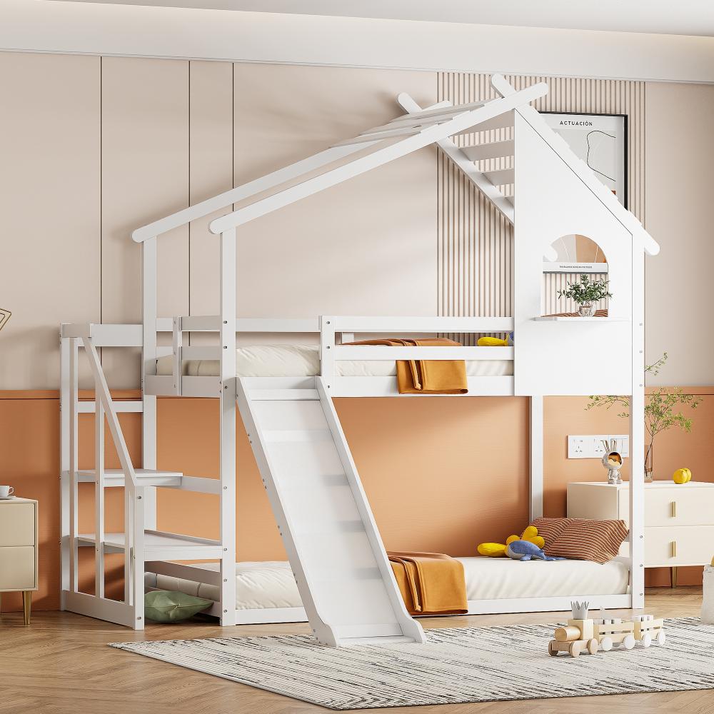 Merax Etagenbett Massivholz Hausbett Kinderbett 90x200cm mit Rutsche und Treppe, weiß Bild 1