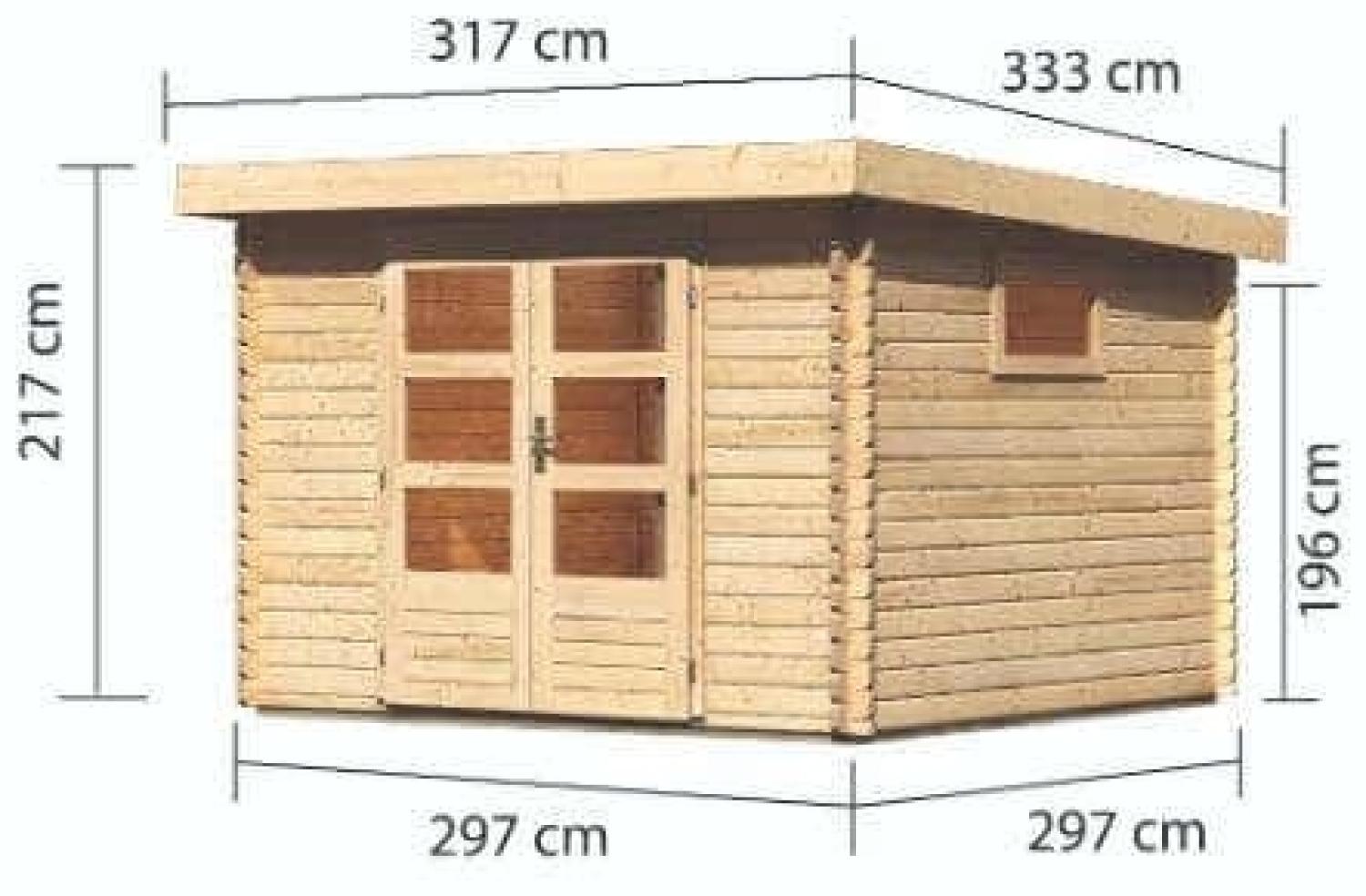 Blockbohlengartenhaus Trittau 3 - 680,5x297 cm mit Anbaudach 4,40 m, 38 mm Holz naturbelassen, Karibu Bild 1
