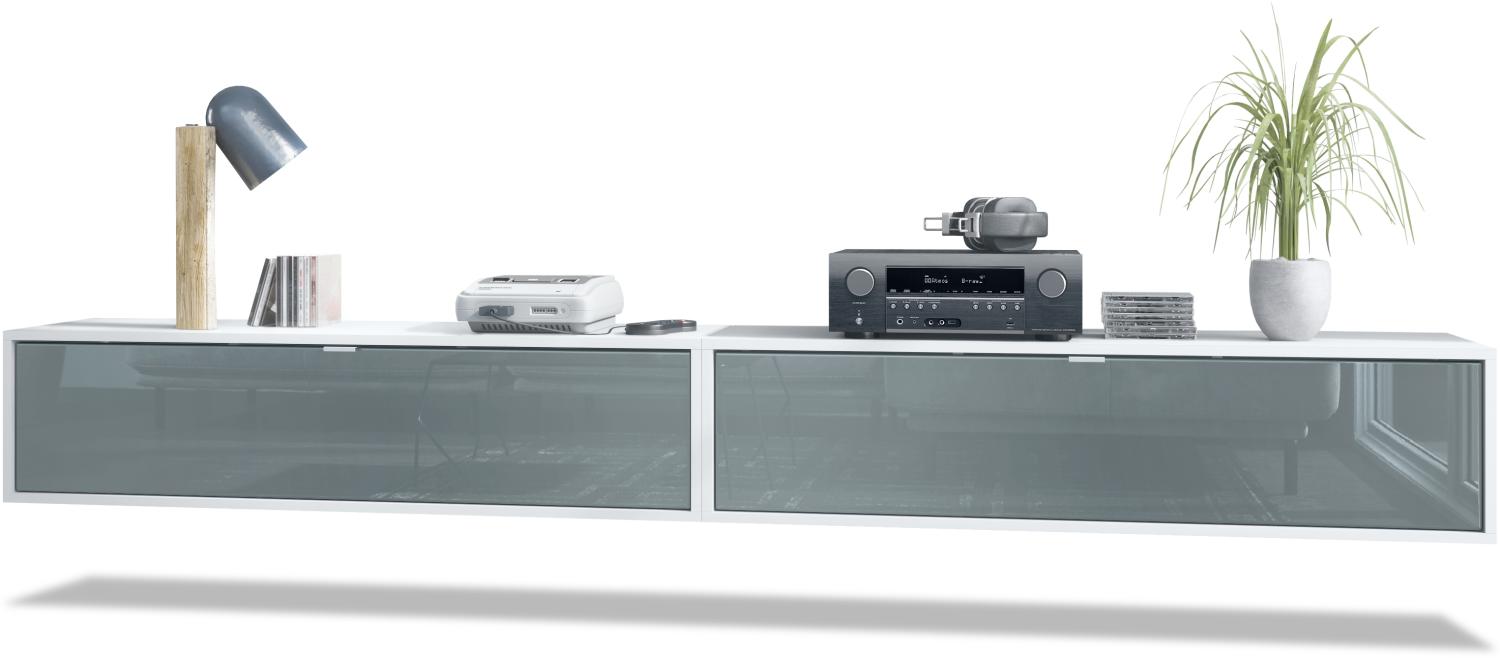 2er-Set TV Board Lana 120, Lowboards je 120 x 29 x 37 cm mit viel Stauraum, Korpus in Weiß matt, Fronten in Grau Hochglanz Bild 1