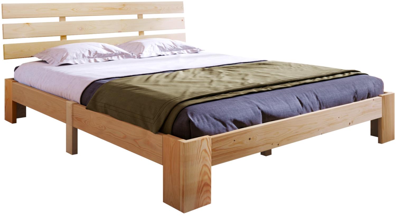 Merax Holzbett Doppelbett 140x200 aus Kiefernholz mit Lattenrost & Kopfteil für Schlafzimmer Beige Bild 1