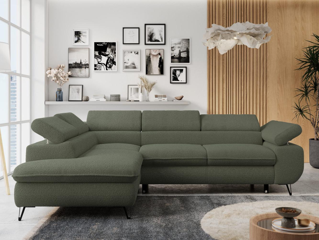 Ecksofa mit Bettfunktion, Modern Sofa, L-form, Einstellbare Kopfstützen, Bettkasten - PETER - Grün Boucle - links Bild 1