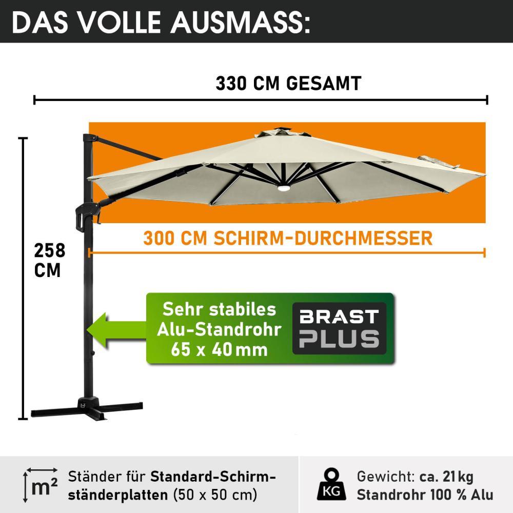 BRAST Alu Sonnenschirm Ampelschirm Ø300cm Beige + LEDs Windsicherung & Schützhülle UV-Schutz 50+ wasserabweisend drehbar & höhenverstellbar Bild 1