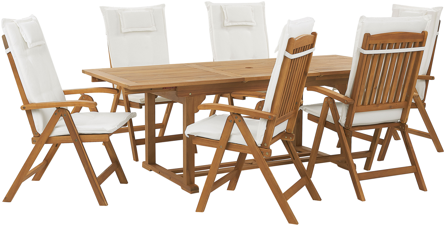 Gartenmöbel Set Akazienholz 6-Sitzer rechteckig Auflagen cremeweiß JAVA Bild 1
