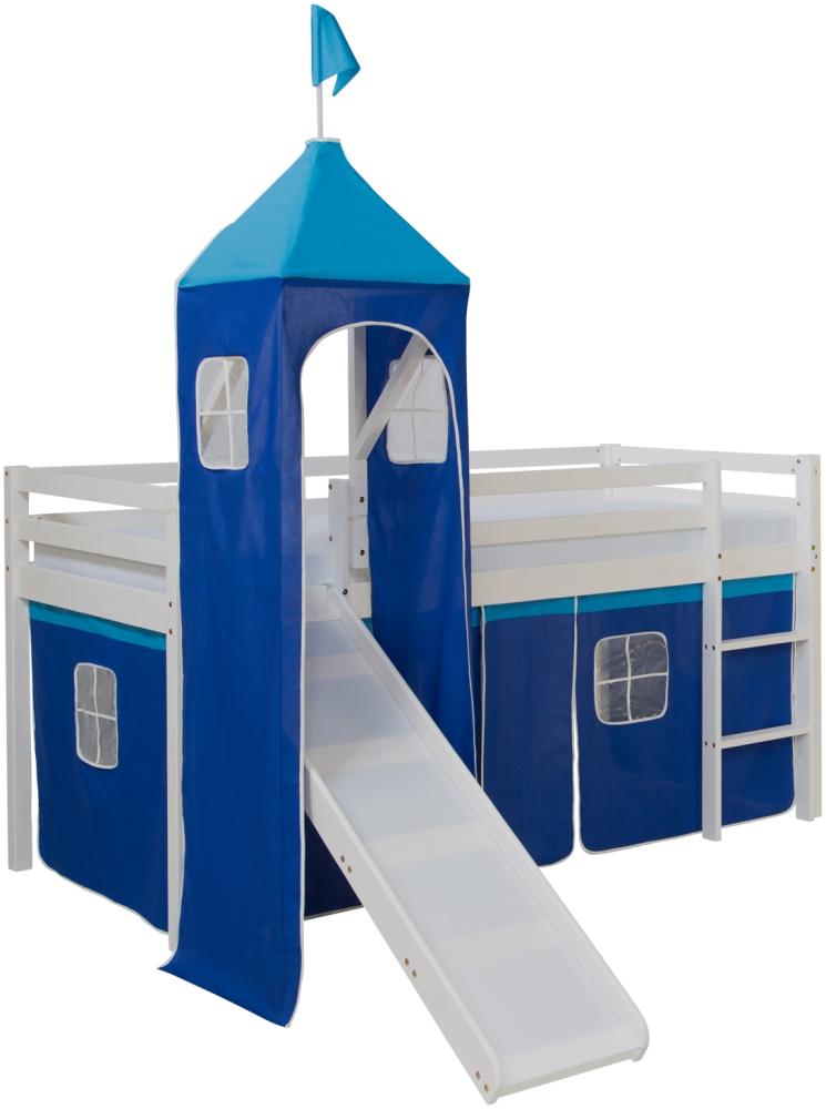 Homestyle4u Spielbett mit Turm und Rutsche, Kiefernholz blau, 90 x 200 cm Bild 1