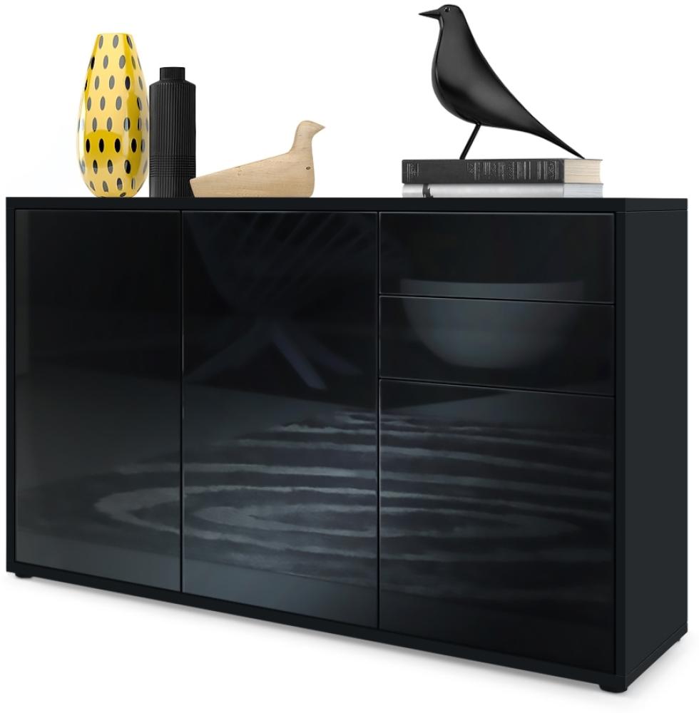 Vladon Sideboard Ben V3, Kommode mit 3 Türen und 2 Schubladen, Schwarz matt/Schwarz Hochglanz (117 x 74 x 36 cm) Bild 1