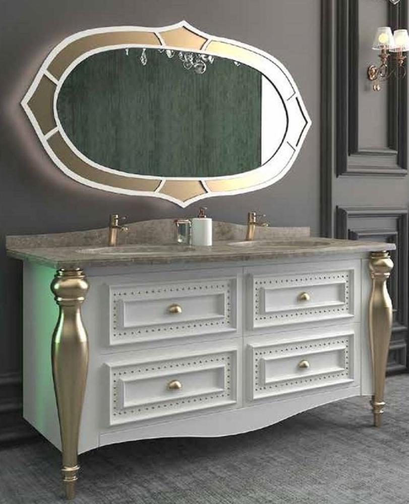 Casa Padrino Luxus Barock Badezimmer Set Weiß / Grau / Gold - 1 Waschtisch mit 4 Schubladen und 2 Waschbecken und 1 Wandspiegel - Prunkvolle Badezimmermöbel Bild 1