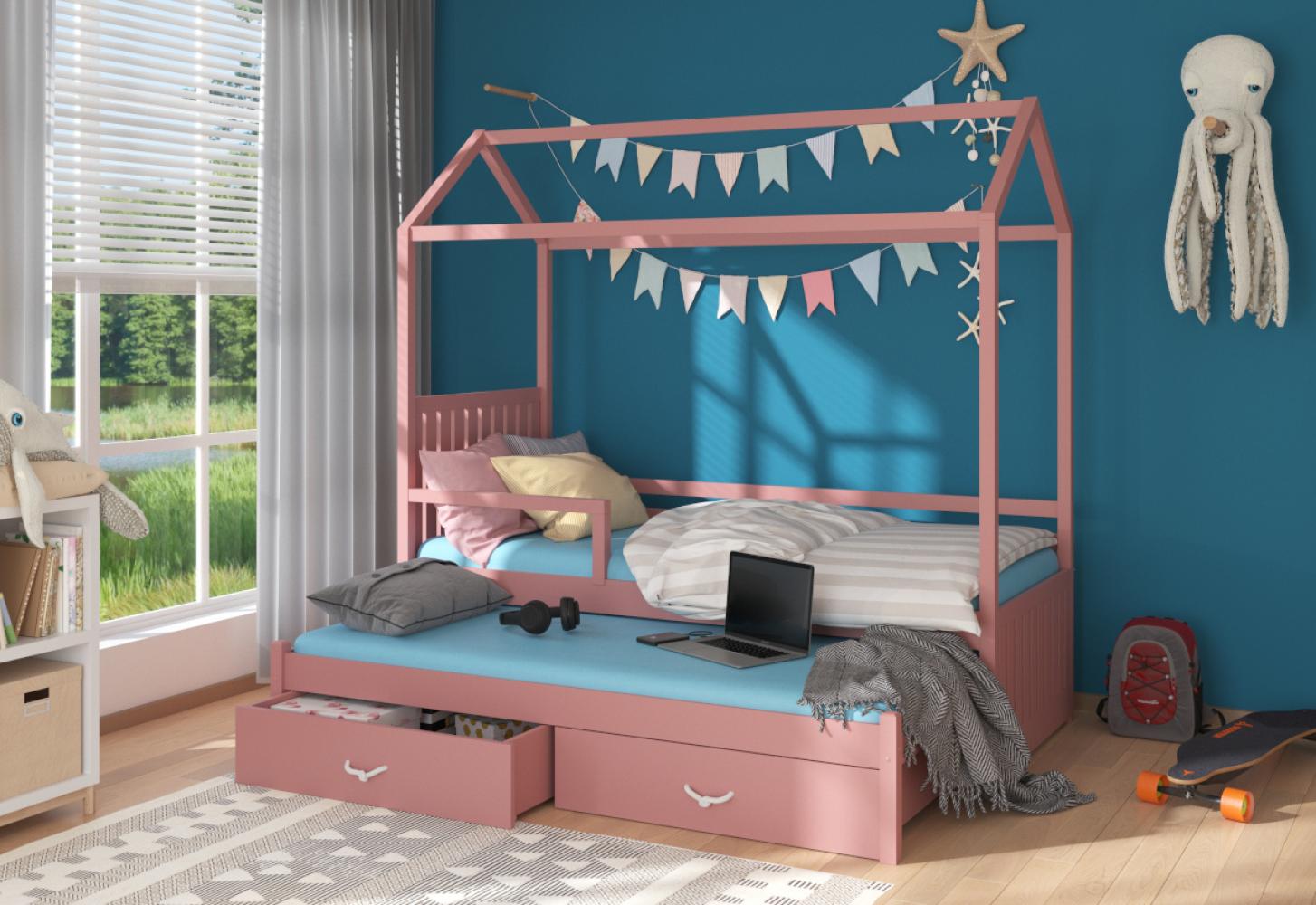 Kinderbett MELICHAR Häuschen mit Schutzbarriere + Matratze, 80x180/80x170, rosa Bild 1