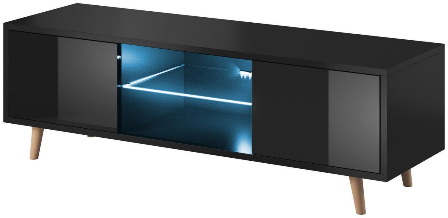 Domando Lowboard Terni M1 Modern für Wohnzimmer Breite 140cm, Holzfüße, Hochglanz, LED Beleuchtung in blau, Schwarz Matt und Schwarz Hochglanz Bild 1