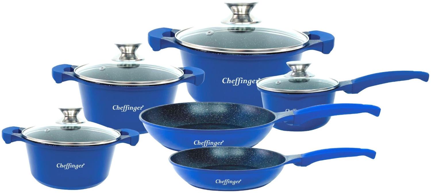 10-Teilig Kochgeschirr-Set Topf Induktion Alu Guss Pfanne Topfset Kochtopfset Marmor Blau Bild 1