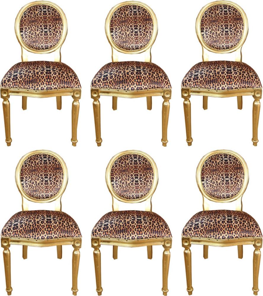 Casa Padrino Luxus Barock Esszimmer Set Medaillon Leopard / Gold 50 x 52 x H. 99 cm - 6 handgefertigte Esszimmerstühle - Barock Esszimmermöbel Bild 1