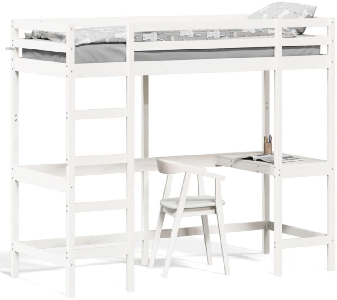 vidaXL Hochbett mit Schreibtisch Weiß 75x190 cm Massivholz Kiefer Bild 1