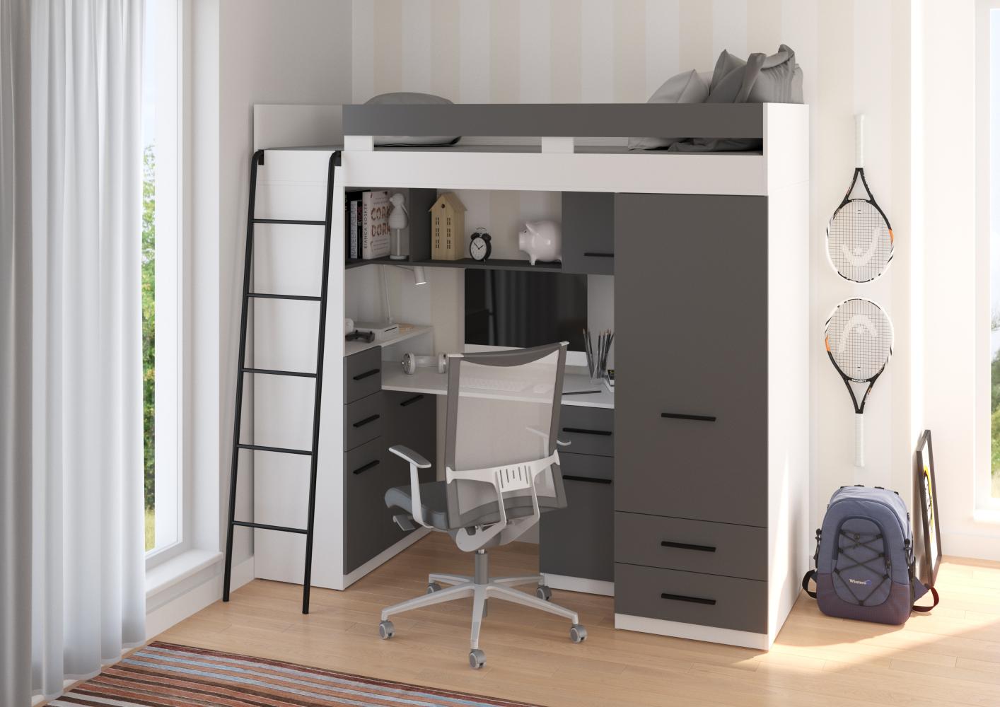 Domando Hochbett Tremosina Modern Breite 204cm, mit integrierten Schränken, Schreibtisch, Regal und Spiegel in Weiß Matt und Graphit Bild 1