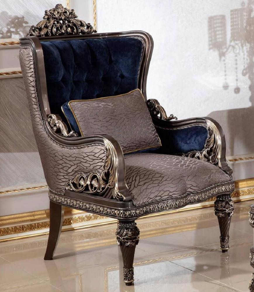 Casa Padrino Luxus Barock Sessel Royalblau / Grau / Dunkelbraun / Gold - Handgefertigter Barockstil Wohnzimmer Sessel mit elegantem Muster - Barock Wohnzimmer Möbel - Edel & Prunkvoll Bild 1