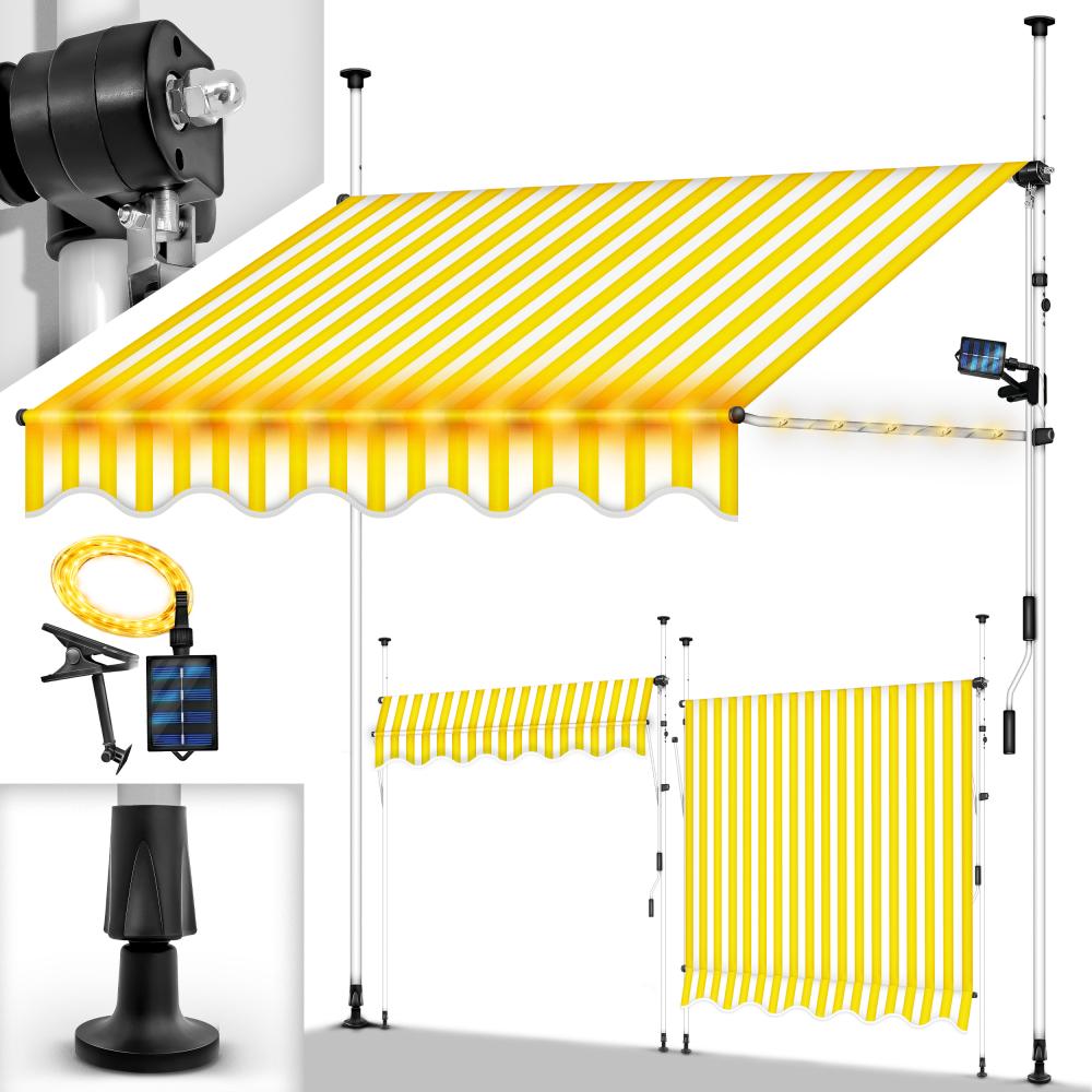 tillvex Klemmmarkise 300 cm Gelb/Weiß mit LED mit Handkurbel Balkon | Balkonmarkise ohne Bohren | Markise UV-beständig & höhenverstellbar | Sonnenschutz wasserdicht Bild 1