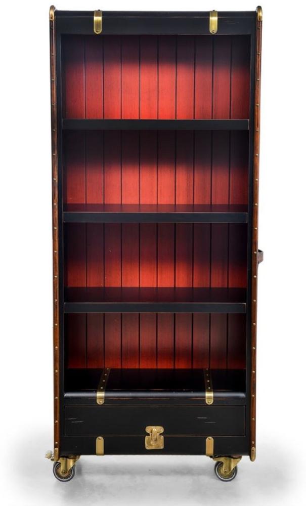 Casa Padrino Luxus Regalschrank in Koffer Optik Schwarz / Rot / Braun / Messing 84 x 35 x H. 200 cm - Massivholz Kofferschrank mit Rollen - Büro Schrank - Büro Möbel - Luxus Möbel Bild 1