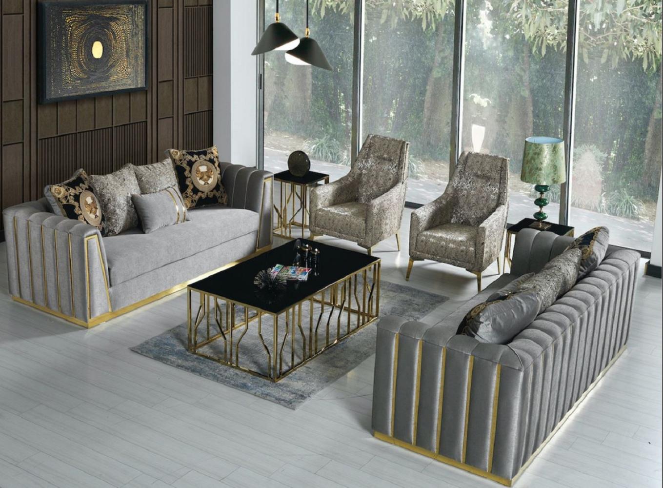 Casa Padrino Luxus Wohnzimmer Set Grau / Gold - 2 Sofas & 2 Sessel & 1 Couchtisch - Moderne Wohnzimmer Möbel - Luxus Qualität Bild 1