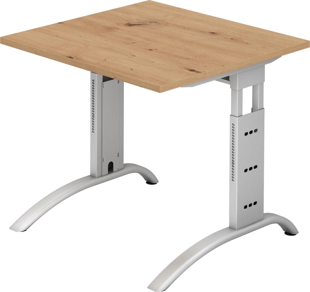 bümö® Schreibtisch F-Serie höhenverstellbar, Tischplatte 80 x 80 cm in Asteiche, Gestell in silber Bild 1