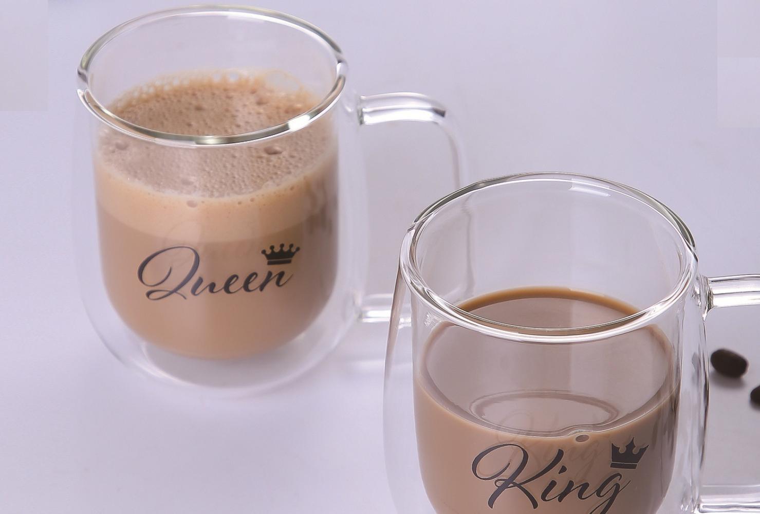 2er Doppelwand Teegläser 300 ml Kaffeegläser mit Henkel "Queen & King" Camli Bardak transparent Bild 1