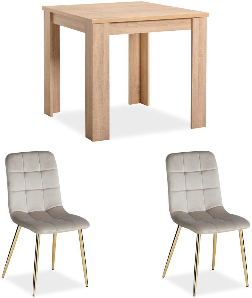 Esstisch mit 2 Stühlen Set Essgruppe Samt Polsterstühle Creme Küchentisch Modern Holz Natur 80x80 cm Esszimmertisch Massiv Bild 1