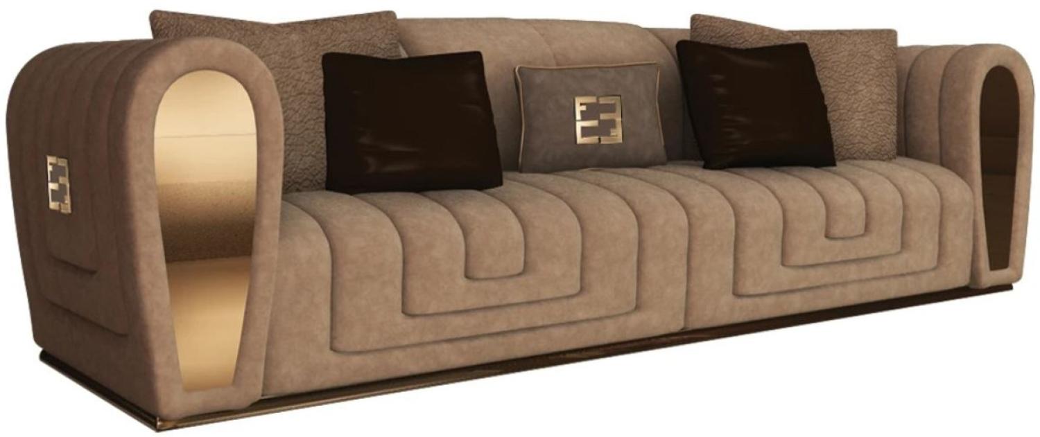 Casa Padrino Luxus Wildleder Sofa mit dekorativen Kissen Taupefarben / Gold 260 x 100 x H. 76 cm - Hotel Möbel - Luxus Qualität - Made in Italy Bild 1