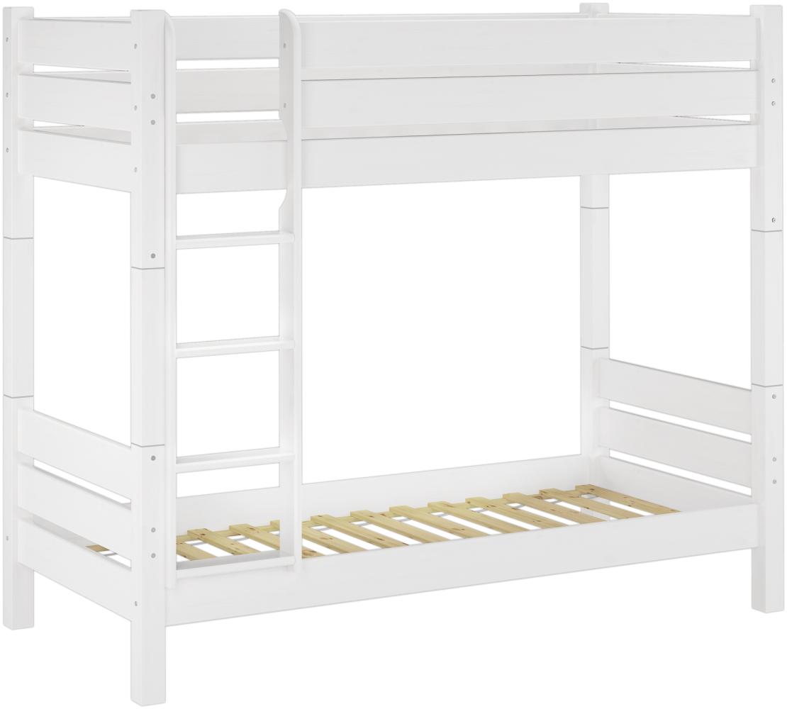 Erst-Holz Etagenbett mit waagrechten Balken, Kiefer, Weiß 90 x 190 cm Bett, Rollroste Bild 1