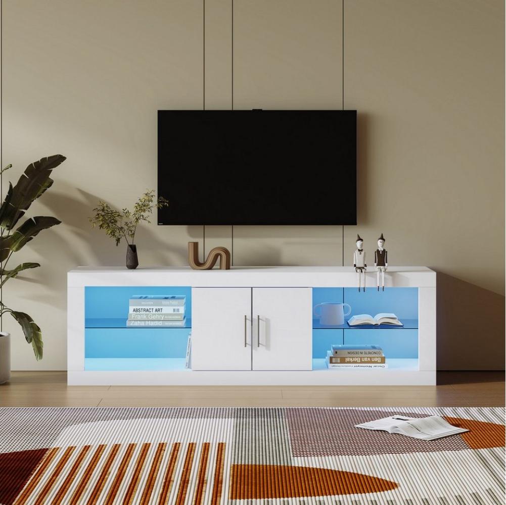 Merax TV-Schrank mit Glasböden und verstellbarem Einlegeboden Lowboard mit Hochglanz Front, TV-Board mit LED, TV-Ständer, B:140cm Bild 1