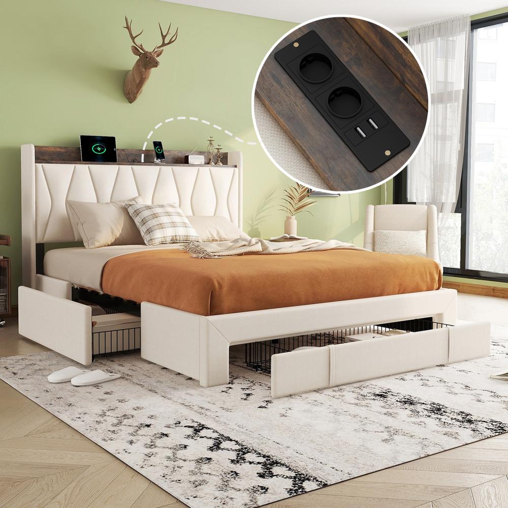 Merax 160 x 200cm Doppelbett, Polsterbett, Nachttisch USB, großer Stauraum, drei Schubladen, Beige Bild 1