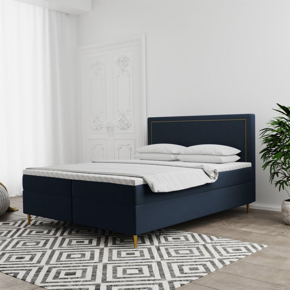 Boxspringbett Schlafzimmerbett LUCIEN 180x200cm in Stoff Soro Dunkelblau Bild 1