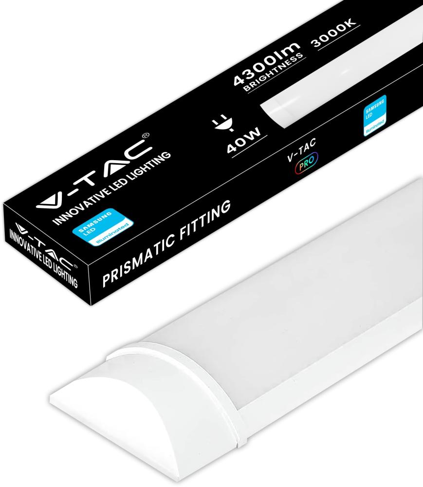 V-TAC Feuchtraumleuchte LED 120 CM - 40W - mit Samsung Chip - Rechteckige Lampe 4300 Lumen IP20 für Wand, Garage, Shop - LED Röhre - Prismatische Deckenleuchte LED - Licht 3000K Warmweiß Bild 1