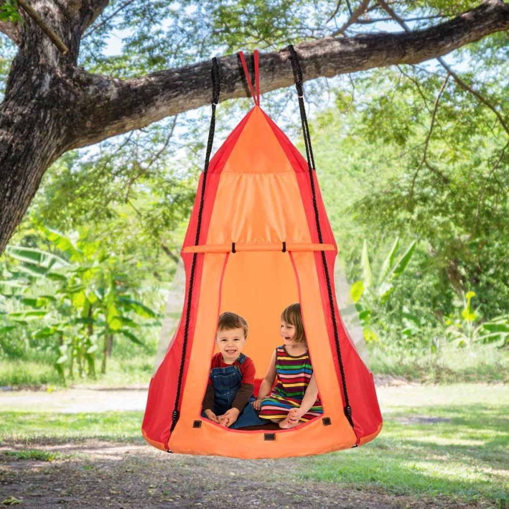 COSTWAY Ø100cm Nestschaukel mit Zelt Tür & Fenster Gartenschaukel 150kg belastbar Kinderschaukel inkl. Höhenverstellbarem Bild 1