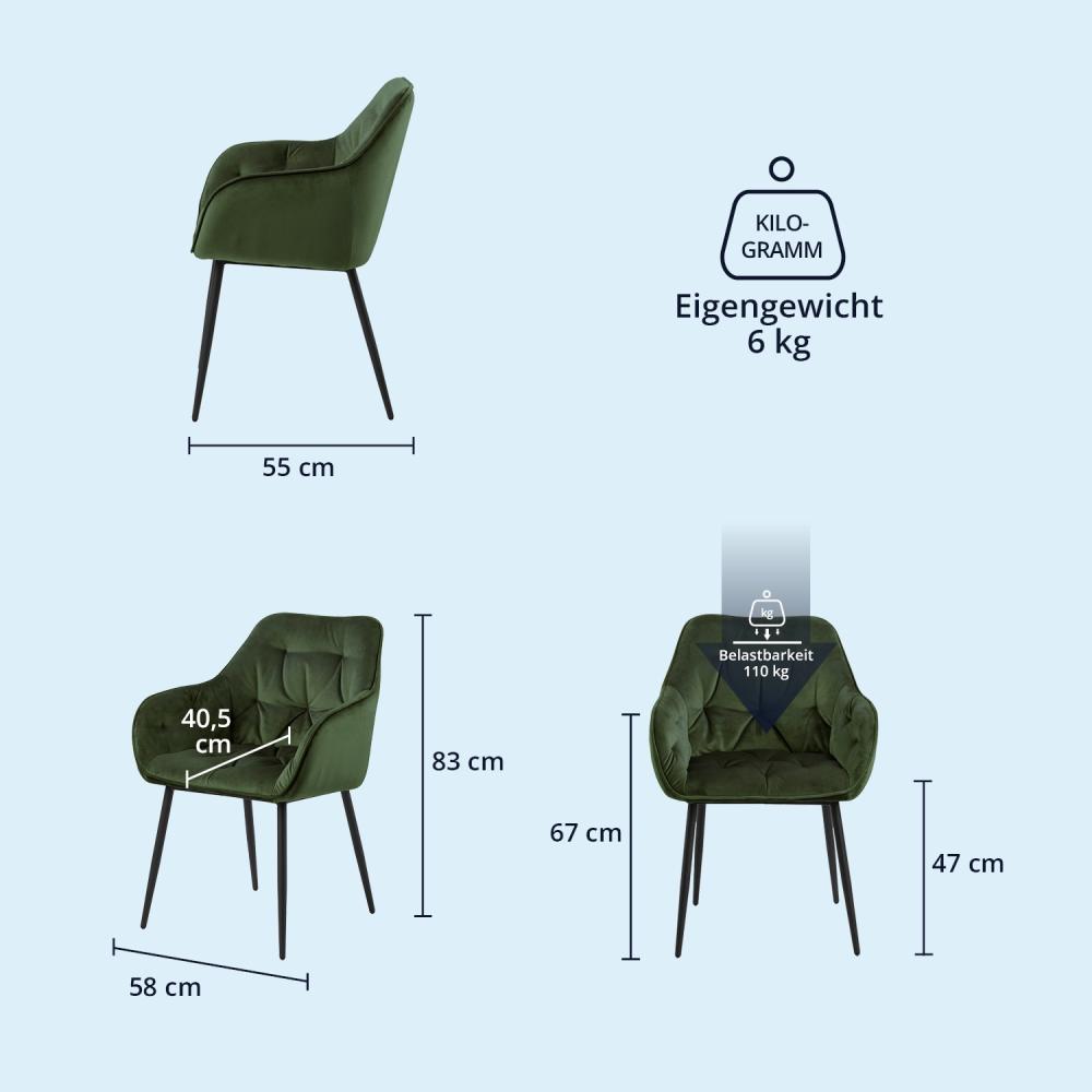 KHG 6er Set Esszimmerstühle Polsterstuhl Küchenstuhl Wohnzimmer-Sessel mit Armlehnen grün Samt - Metallbeine schwarz, Rückenlehne, Sitzfläche und Armlehnen gesteppt - Design Stuhl Sitzhöhe 47 cm Bild 1