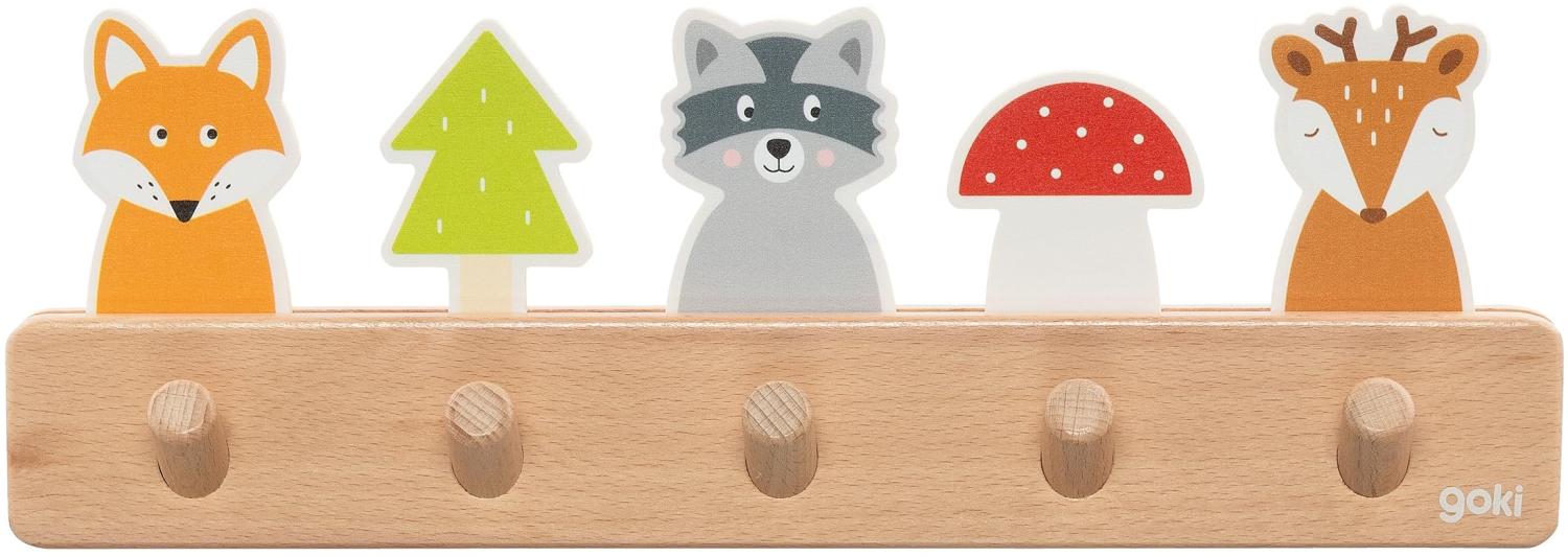 goki 60662 - Garderobe Waldfreunde aus Holz, Kindergarderobe mit 5 Haken, Niedliche Waldmotive Fuchs, Waschbär, Reh, Hakenleiste für Kinderzimmer, Fördert Ordnung und Selbstständigkeit, ab 1 Jahr Bild 1