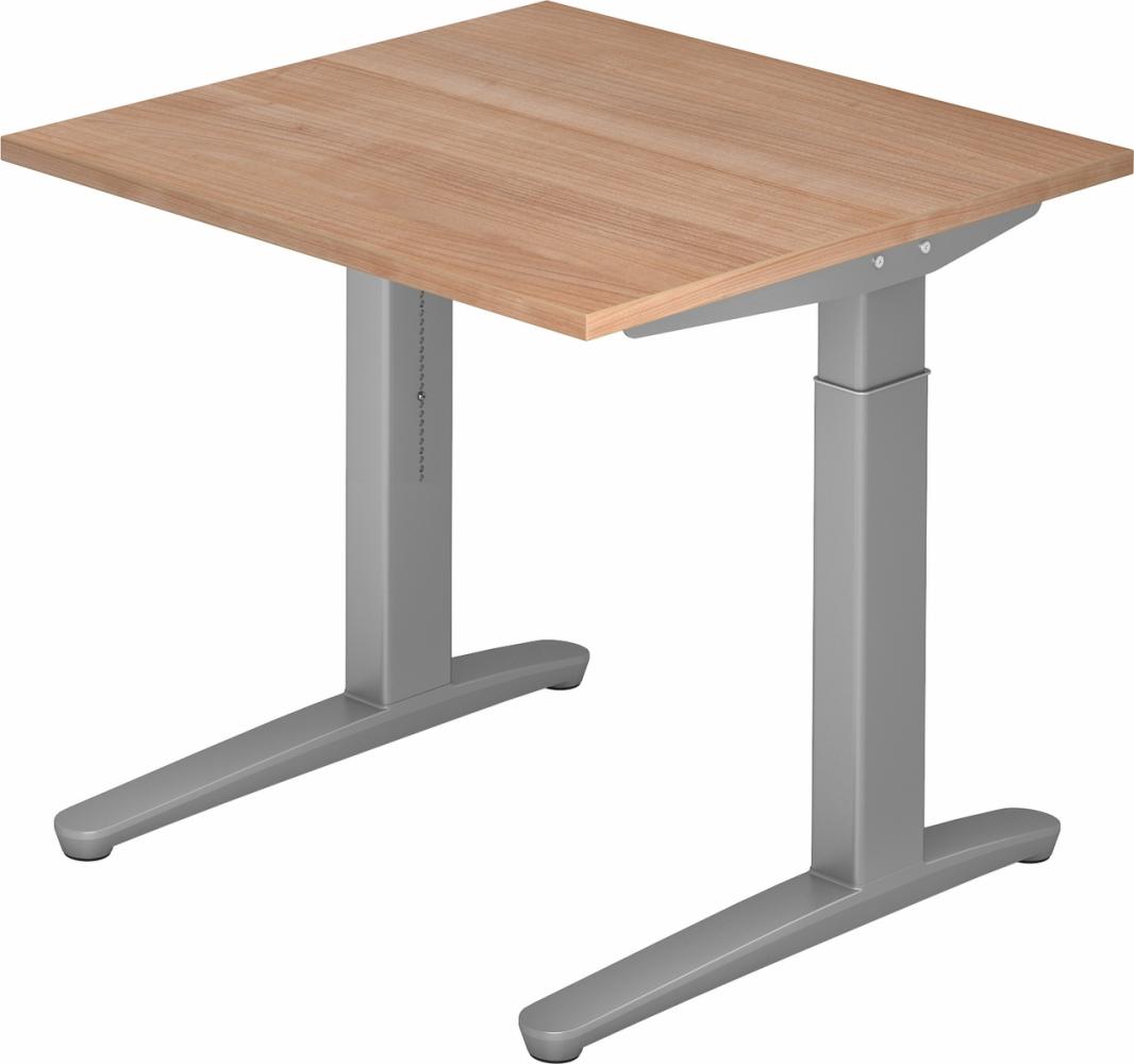 bümö® Design Schreibtisch XB-Serie höhenverstellbar, Tischplatte 80 x 80 cm in Nussbaum, Gestell in silber Bild 1