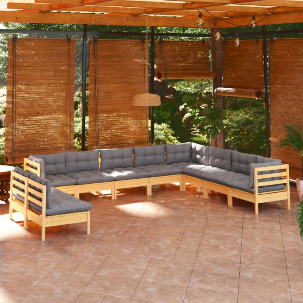 10-tlg. Garten-Lounge-Set mit Grauen Kissen Massivholz Kiefer Bild 1