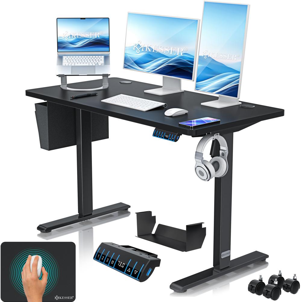 KESSER® Höhenverstellbarer Schreibtisch elektrisch | Ergonomisch Steh-Sitz Schreibtisch | 3-Funktions-Memory Steuerung | Inkl. 360° Rollen & USB-Ladeanschluss | Computertisch für Homeoffice Schwarz, 120 x 60 cm Bild 1