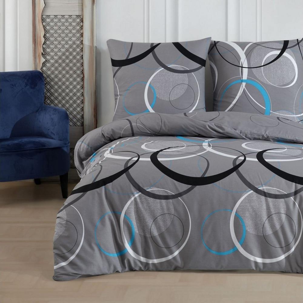 Buymax Bettwäsche Wave, Bettgarnitur, Bettbezug Set, Renforcé: 100% Baumwolle, 2 teilig, mit Reißverschluss, gemustert, Kreise, Grau, Türkis, 155x220 cm Bild 1