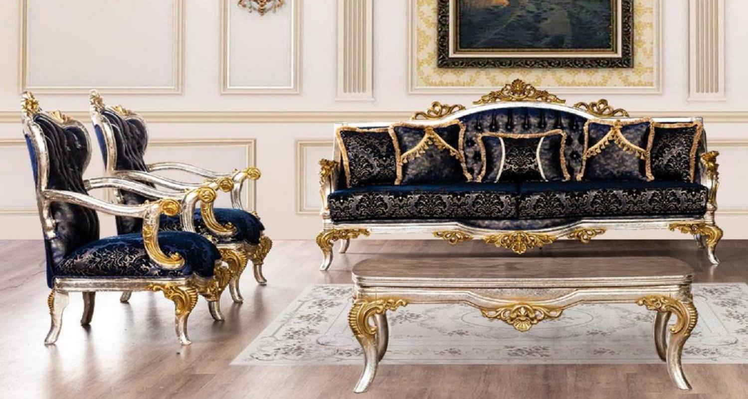 Casa Padrino Luxus Barock Wohnzimmer Set Royalblau / Schwarz / Silber / Gold - 2 Barock Sofas mit Muster & 2 Barock Sessel mit Muster & 1 Barock Couchtisch - Barock Wohnzimmer Möbel Bild 1