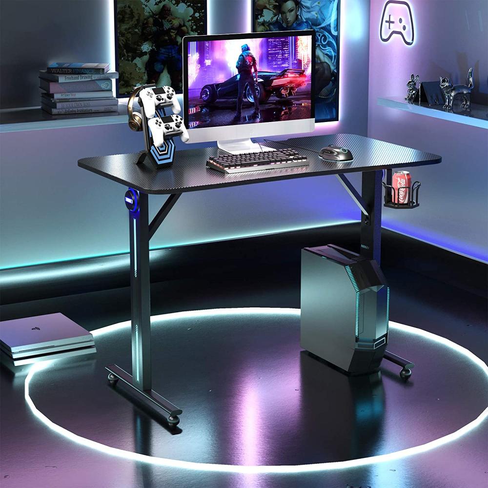 COSTWAY LED Gaming Tisch T-foermiger Computertisch PC Tisch Schreibtisch mit Controller-Ständer und Getränkehalter, schwarz Bild 1