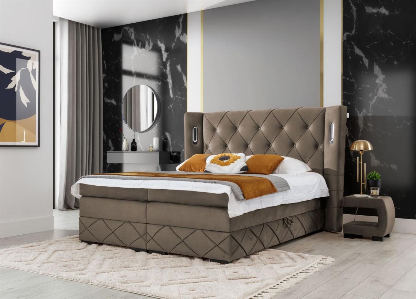 Boxspringbett Schlafzimmerbett ELVIANO 140x200cm Stoff Braun inkl. Ambiente-LED Bild 1