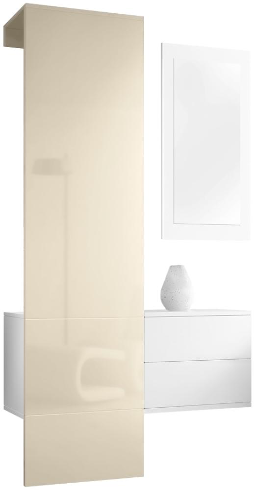 Vladon Garderobe Carlton Set 2, Garderobenset bestehend aus 1 Garderobenpaneel, 1 Schubkastenschrank und 1 Wandspiegel, Weiß matt/Creme Hochglanz (105 x 193 x 35 cm) Bild 1